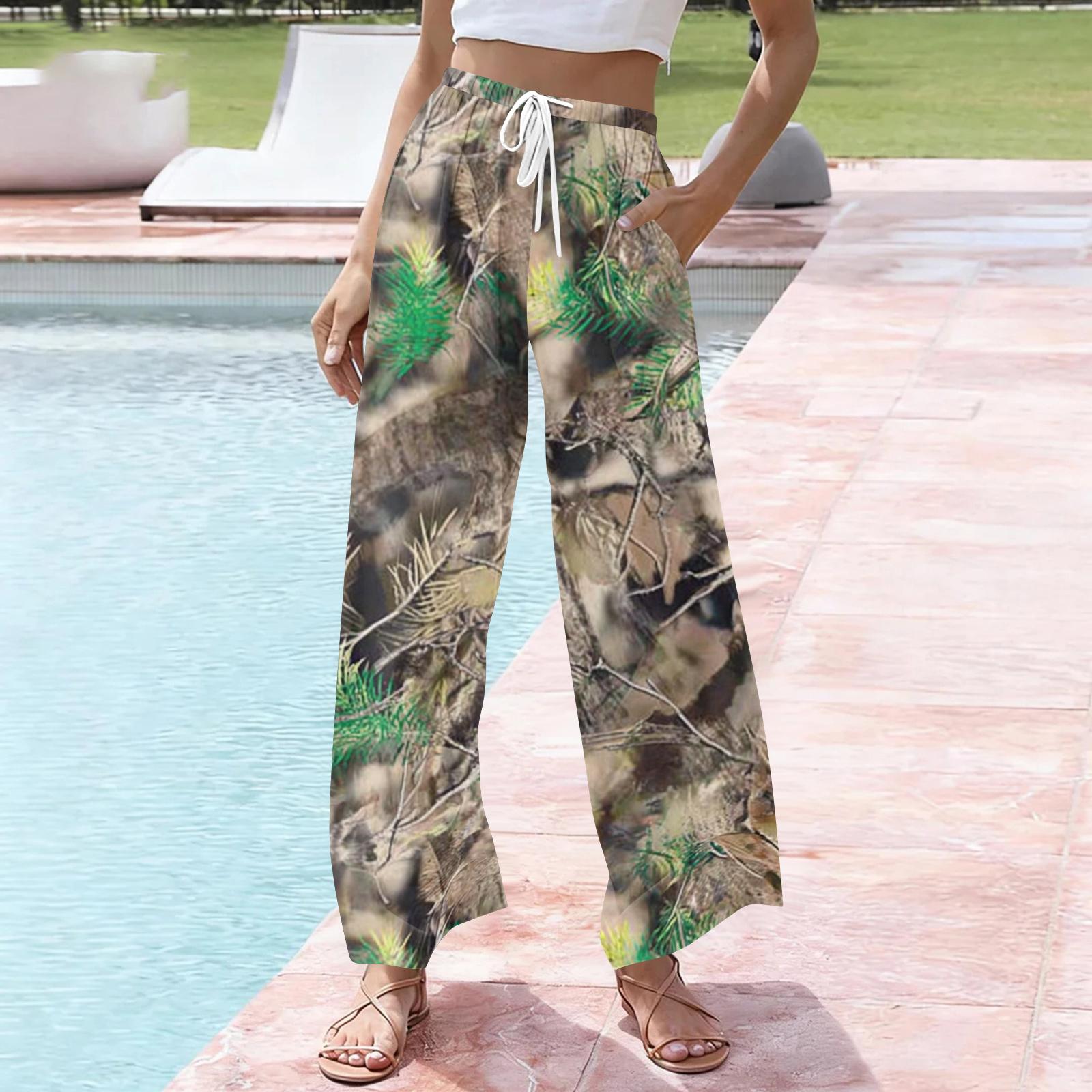

Women s Casual Printed Wide Leg Drawstring Pocket Beach Casual Pants L коричневый