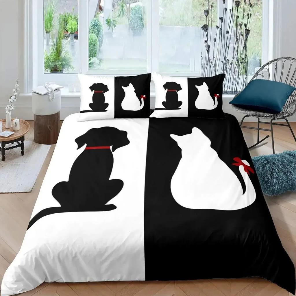 Cat and Dog Duvet Cover Set Pug Bedding Set Kawaii Puppy Animal Comforter Cover Valentine's Day Love Heart Wedding Quilt Cover