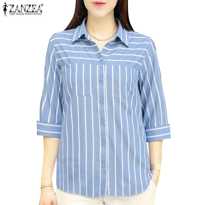 ZANZEA Women Turn Down Collar Loose 3/4 Sleeve Stripe Blouse