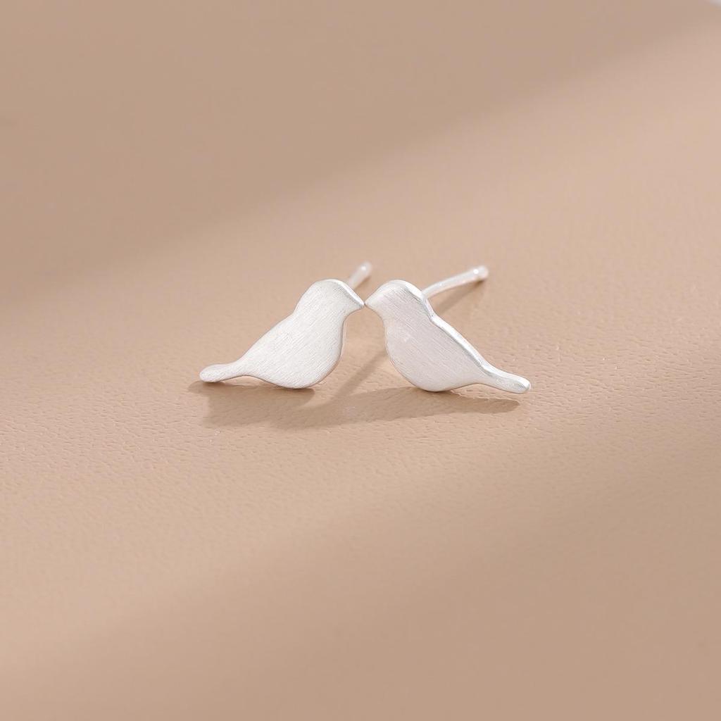 Silver Brushed Bird Stud Earrings - Literary Mori Girl Style