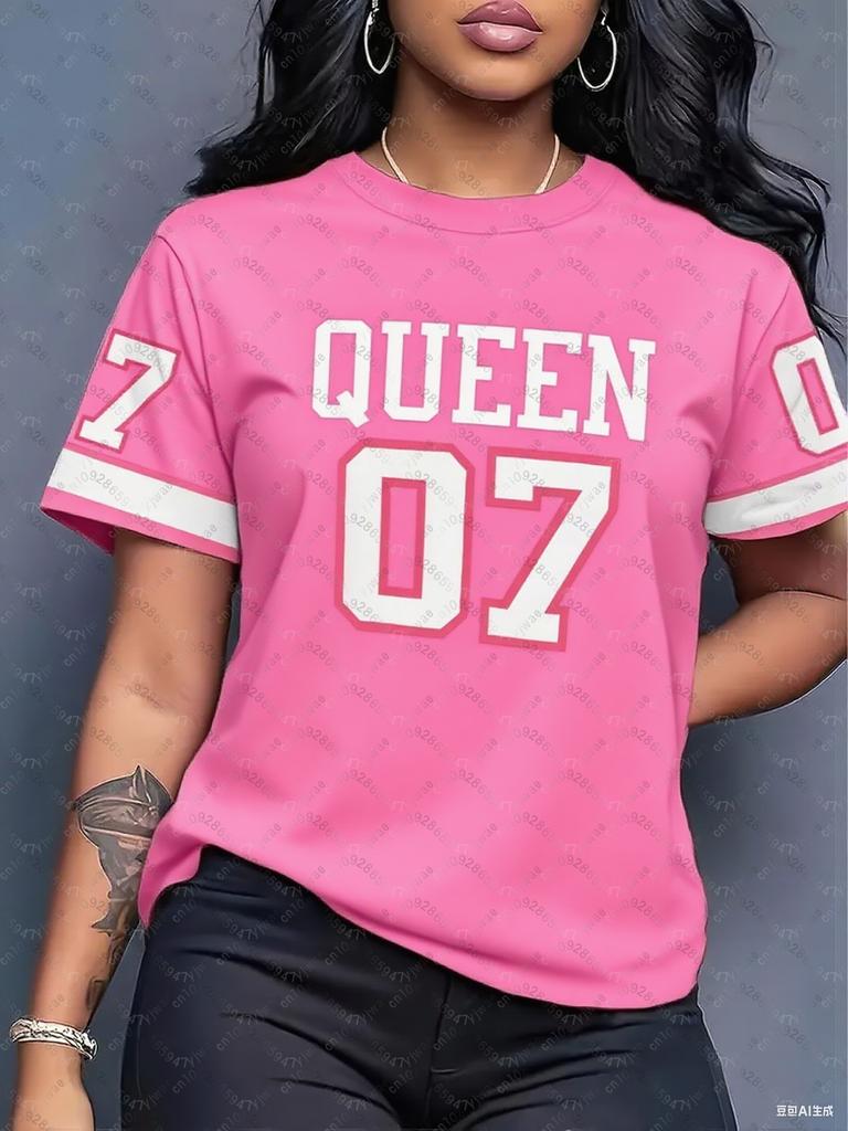 Printed Crew Neck Short Sleeve T-Shirt, Summer Pattern T-Shirt, Plus Size Sports T-Shirt Top
