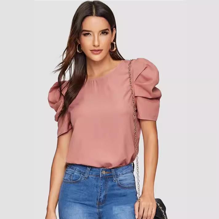 Damen 2024 Slim Einfarbiges Laternenärmel-Top