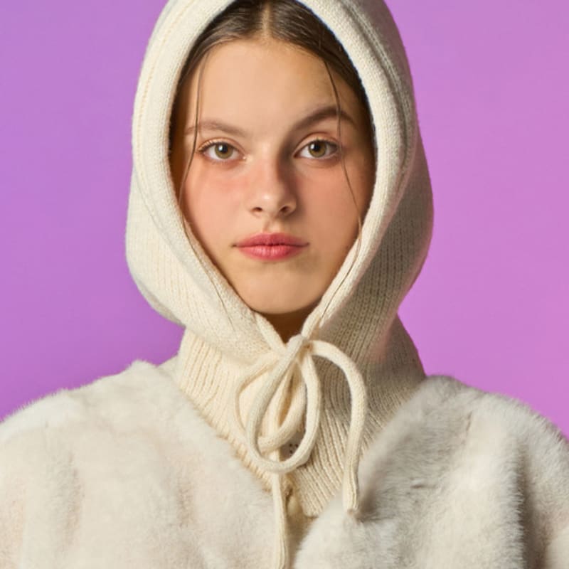 KOLEAT [Real Knit ver.] Winter Ribbon Strap Balaclava Hat [Ivory]