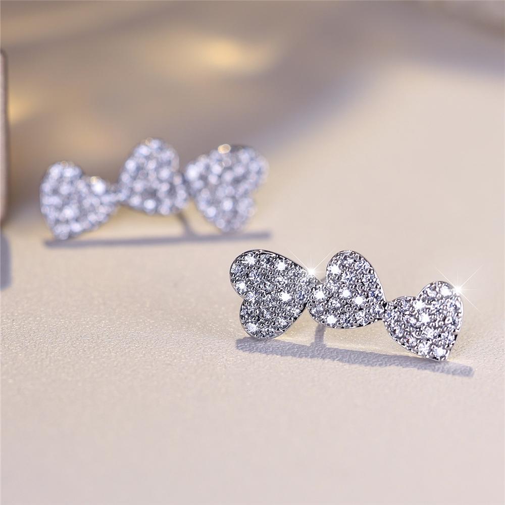 Cute Female White Zircon Cute Love Heart Stud Earrings Silver Color Wedding  For Women