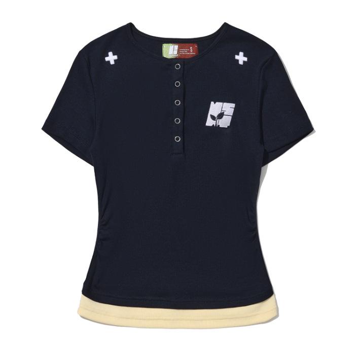 

Летний женский вышитый топ свободного кроя с круглым вырезом в стиле костюма-двойки Medium темно-синий