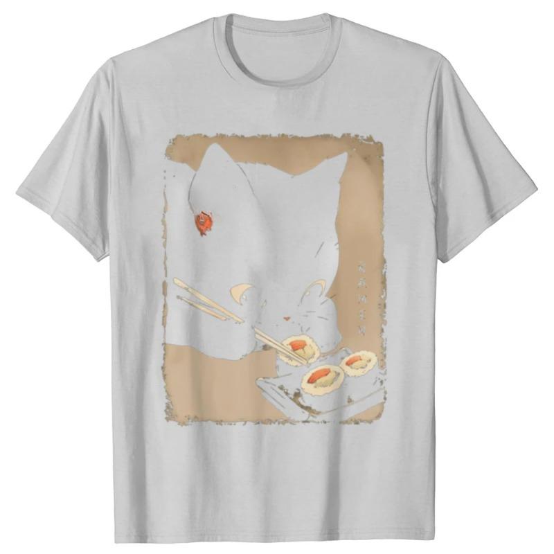 Kawaii Cat Eating Sushi Funny Japanese Anime Cute Graphic T-shirts Men Fashion Casual Tshirt 100% Cotton Loose Oversized T-Shirts Women’s