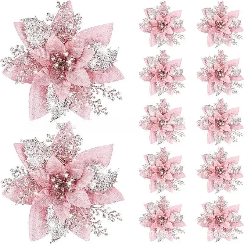 5/10Pcs 14.5cm Sparkling Christmas Decorations Glitter Artifical Flower Doors Windows Christmas Tree Decor for 2025 New Year