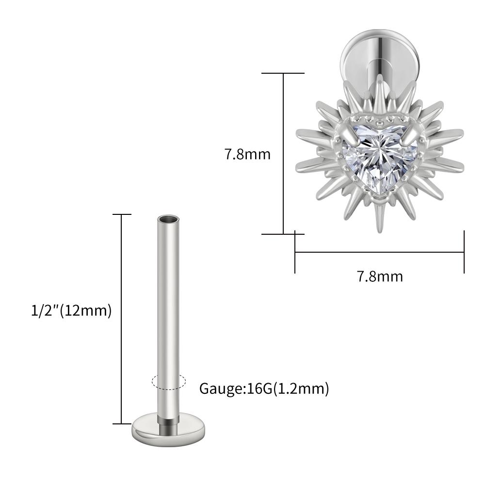 Stud Labret Flat Back Coração Quebrado ASTM F136 Titânio Right Grand 16G Argola de Cartilagem Coração CZ Piercing Helix Tragus Joia
