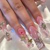 24Pcs Long Square Press On Nails Leopard Print French 3D Cherry Design False Nail Rhinestone Wearable Full Cover Fake Nails Tips
