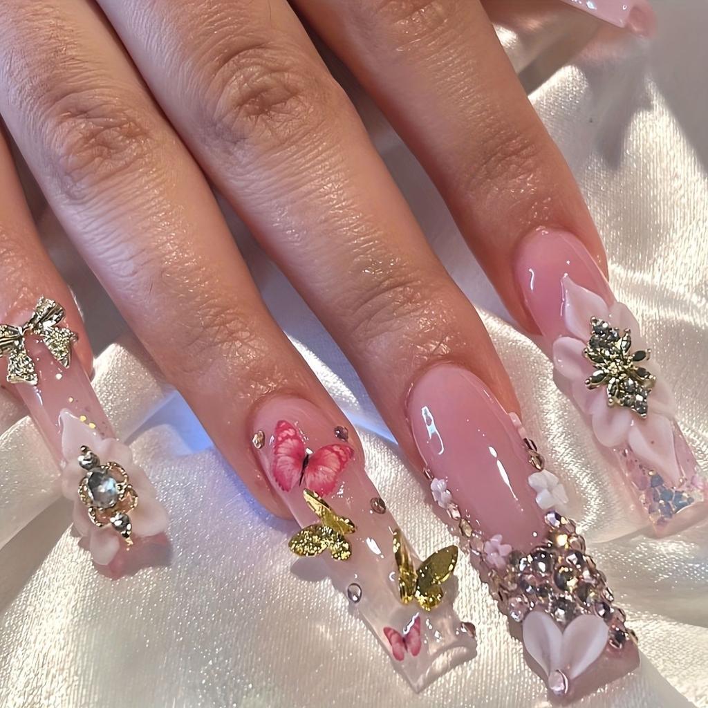 24Pcs Long Square Press On Nails Leopard Print French 3D Cherry Design False Nail Rhinestone Wearable Full Cover Fake Nails Tips