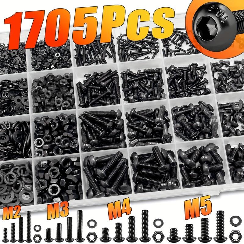 1705pcs Hex Button Machine Screws Assortment Kit: M2, M3, M4, M5 Metric Bolts, Nuts, Lock & Flat Washers.
