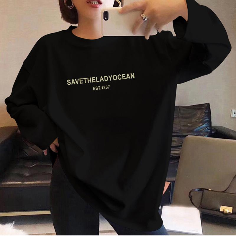 Tricou de bumbac cu mâneci lungi larg pentru fete - Negru, Top la modă de primăvară/toamnă, Stil studențesc universal.