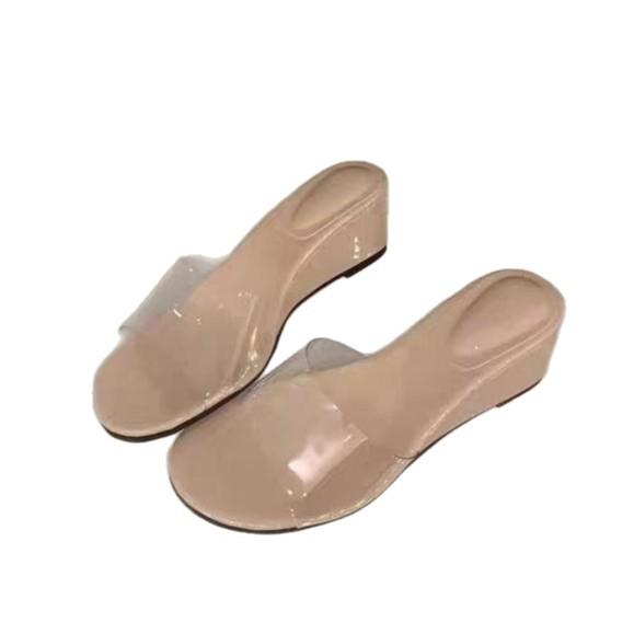 Soft leather version! Round head open-toed transparent one-word with sandals, women wear wedge heel temperament one-word French cool slippers