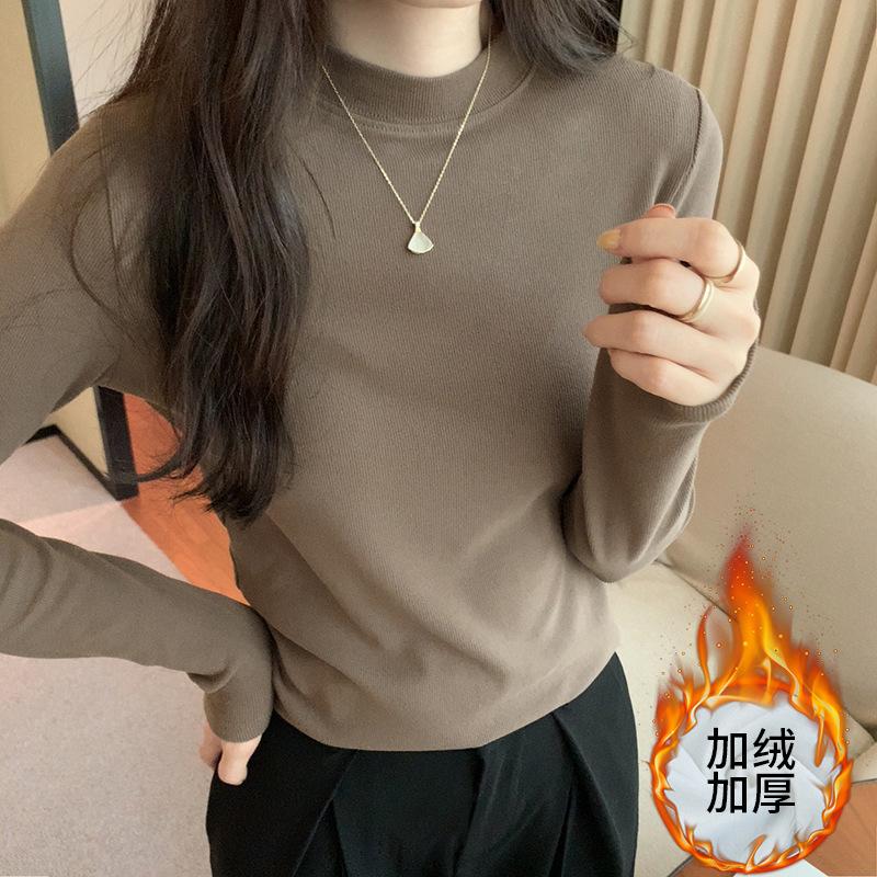 Small Stand Collar Cashmere Undercoat Women's Wear with Autumn and Winter White Long-sleeved T-shirt Slim Fit Plus Cashmere Frosted Solid Color Blouse