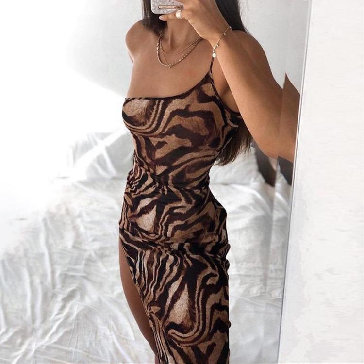 Sexy Women Summer Dress Spaghetti Strap Slash Neck Slim Tiger Print Khaki Split Side Lady Dress