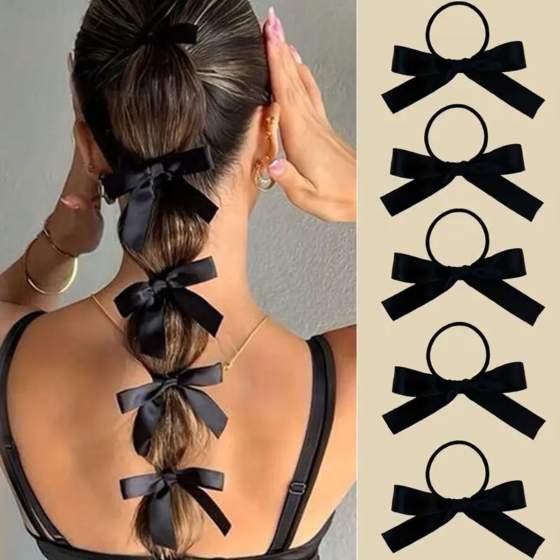 5Pcs Women Double Ponytail Hair Accessory Style Fashionable and Cute Black Bow Hair Tie Ballet Style Retro Ribbon Headband