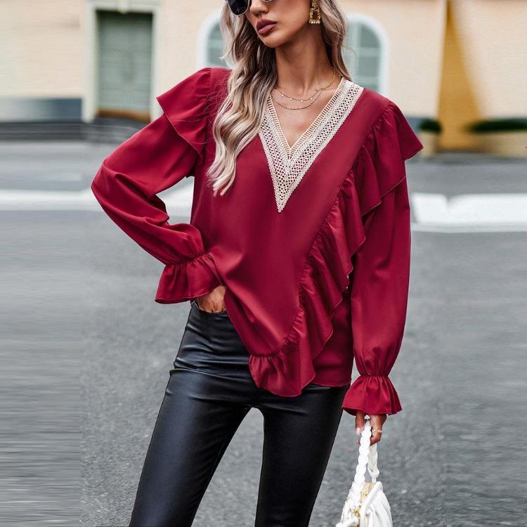 Women's Casual Loose Blouse Autumn Commuter V Neck Ruffles Long Sleeve Lace Shirt Top