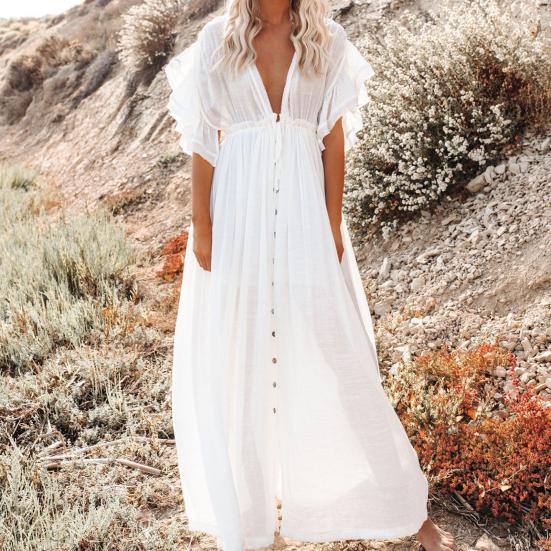 Badeanzug-Abdeckung, einfarbig, sexy, tiefes V-Ausschnitt, Rüschen-Bikinikleid