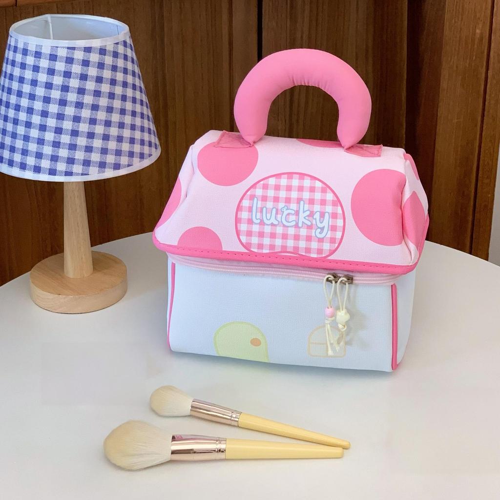 Portable Cosmetic Bag Makeup Storage Bag Organizer with Handle, Pink Blue Polka Dot Design