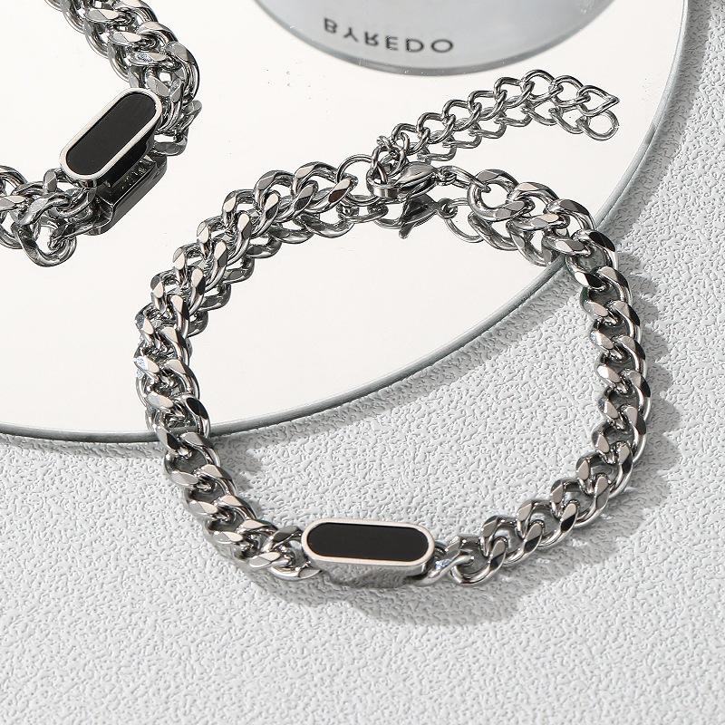 American Hip Hop Black Cuban Chain Bracelet round Steel Color Retro Stainless Steel Men Women Fashion Jewelry 18cm
