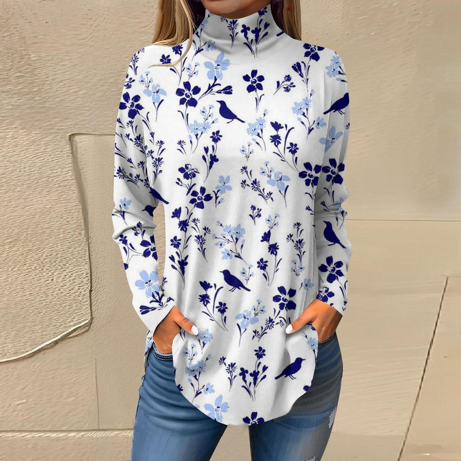 

Жіноча вільна футболка з високим вирізом і квітковим принтом у стилі ретро з довгими рукавами, верхній пуловер XL синій
