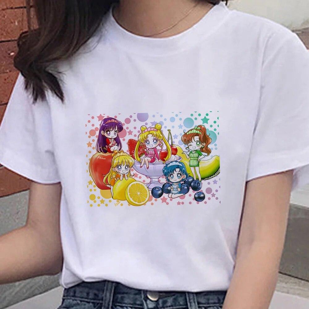 Cartoon Anime Sailor Graphic Moon Print 100 % Baumwolle T-Shirt Mode Goth Girl Kleidung Kurzarm Übergroßes Unisex Frauen T-Shirt Unisex