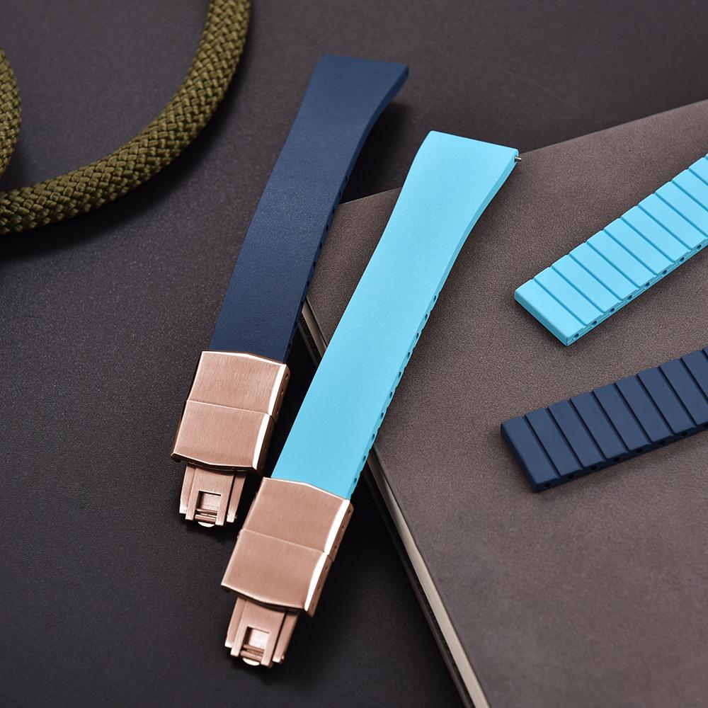New Fluoro Rubber Watch Band CTS FKM Strap 16 18 19 20 21 22mm Cut to Size Fast Release Adjustable Universal Rose Gold Buckle