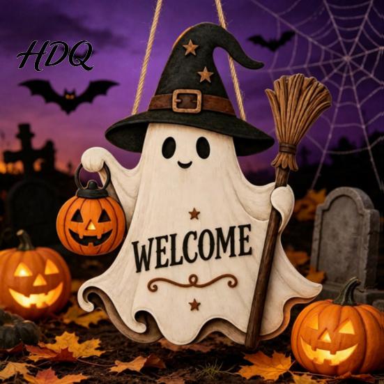 Spooky Halloween Decoration Wooden Hanging Door Sign Cute Ghost Welcome Ornament