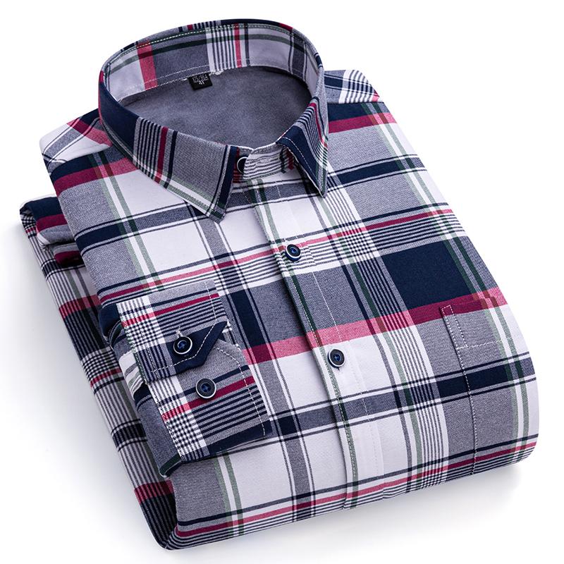 Winter Thermal Shirts Long Sleeve for Men 2 Layers Cotton Oxford Easy Care Warm Male Plaid Shirts Casual Business
