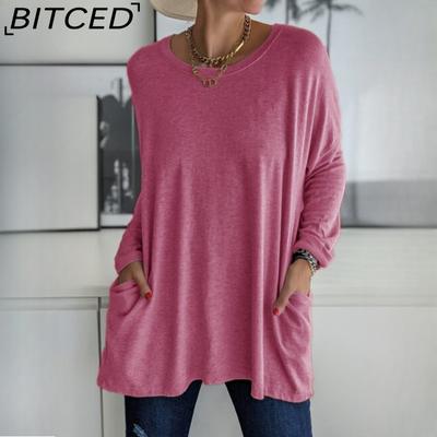 Spring Summer Casual Women's O-Neck Long Sleeve Loose Pocket Solid Colour T-Shirt