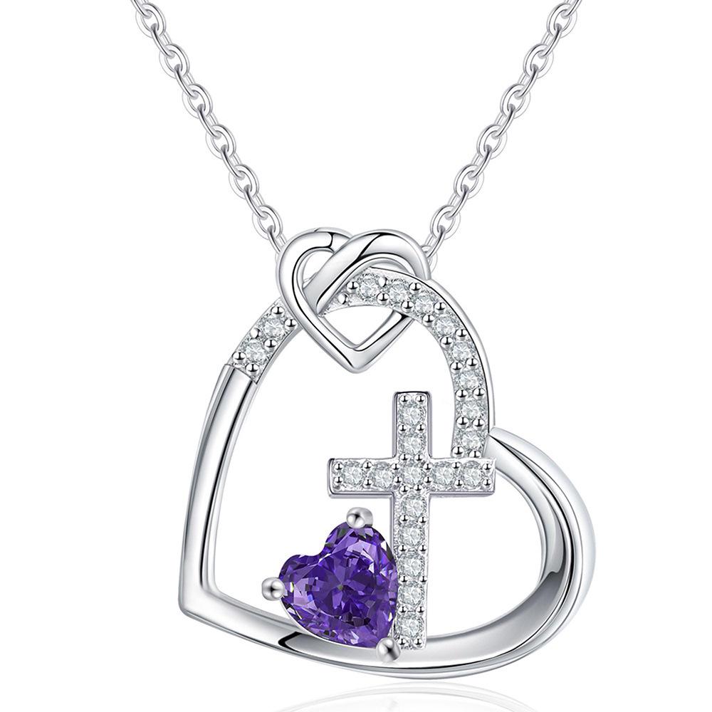 Heart Cross Pendant Birthstone Necklace: European  American Fashion Jewelry Gift Copper