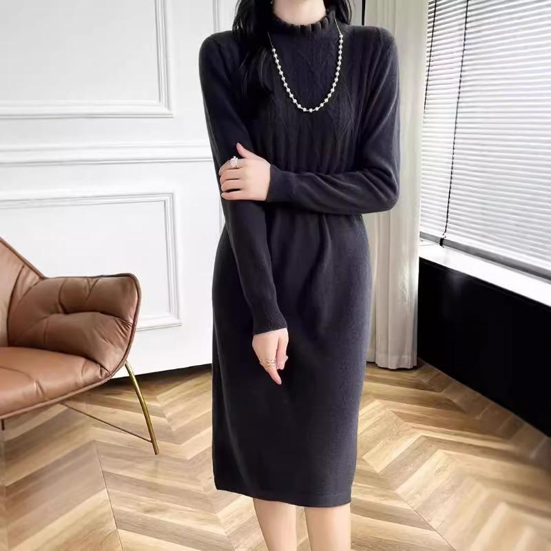 Autumn and Winter New Knitted Dress Temperament Fungus Collar Women with Coat Thin Inner with Medium and Long Sweater Women