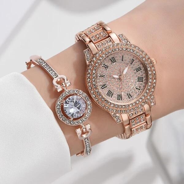 

1 шт. модные женские кварцевые часы со стразами и круглым указателем и браслет 1 шт.