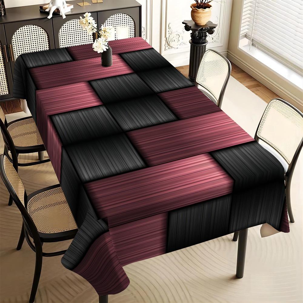 One modern tablecloth for the dining area exudes a trendy vibe. It features a rectangular, durable polyester fabric.
