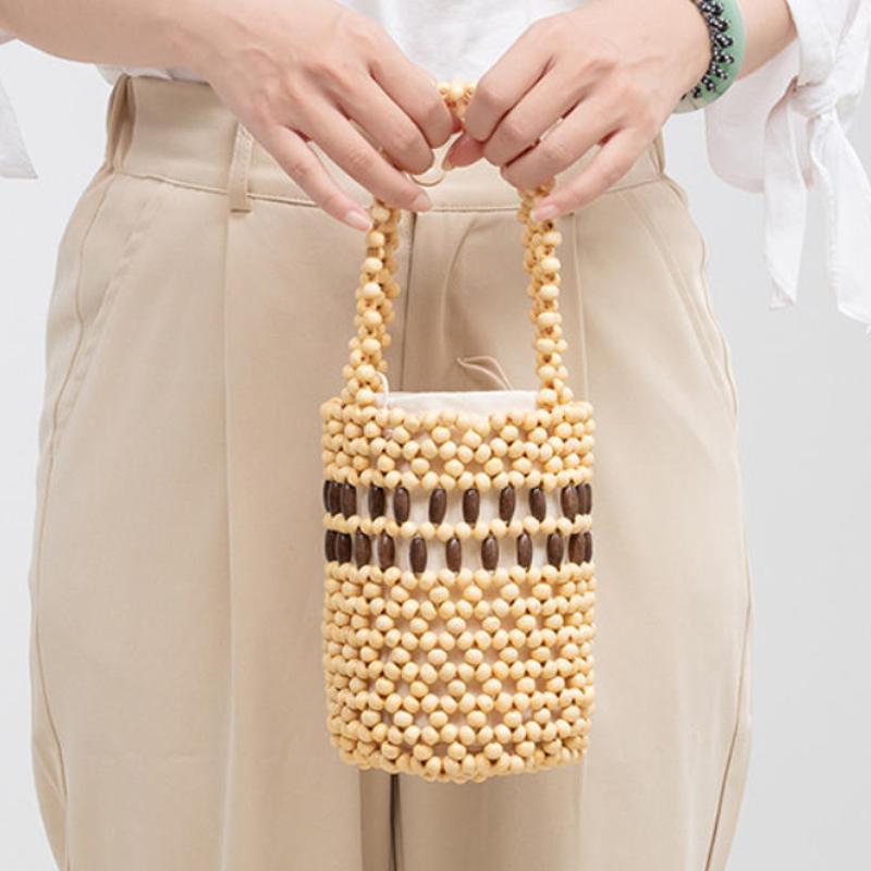 Borsa Secchiello Fatta a Mano con Perline e Striscia a Contrasto Stile Boho Leggera Intreccio di Perline di Legno Borsa a Mano per Pendolarismo Quotidiano Viaggio in Spiaggia