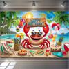 Fun Summer Beach Birthday Tapestry, Smiling Crab with Sunglasses and Beach Party Elements, Playful Kids' Wall Art