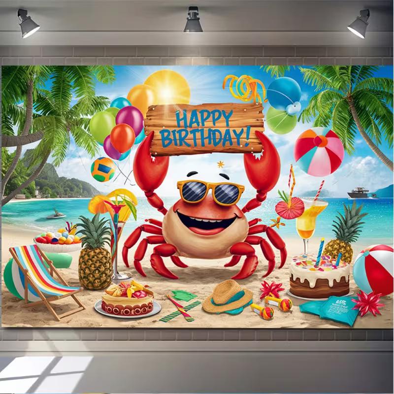 Fun Summer Beach Birthday Tapestry, Smiling Crab with Sunglasses and Beach Party Elements, Playful Kids' Wall Art