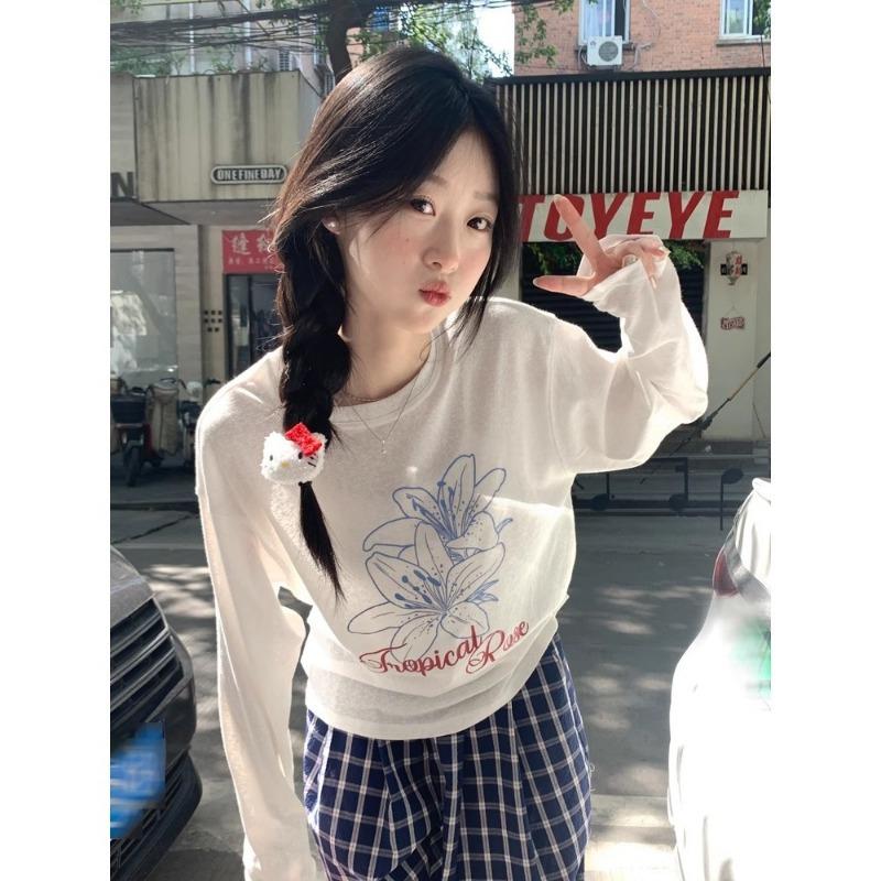 Women Casual Loose Long Sleeve Round Neck Floral Print Sun Protection T Shirt Top