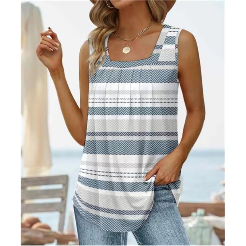 T-shirt da donna estiva senza maniche con scollo quadrato stampata, temperamentale, comoda, canotta larga