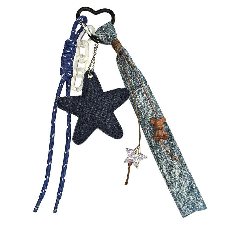 Portachiavi Pendente Laccio Intrecciato a Forma di Cuore Stella a Cinque Punte Stile Denim Creativo Trendy e Cool Pendente per Borsa Stile Ins