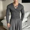 Men Long Sleeve V Neck Bandage Fitted Casual Undershirts Tops T-shirts
