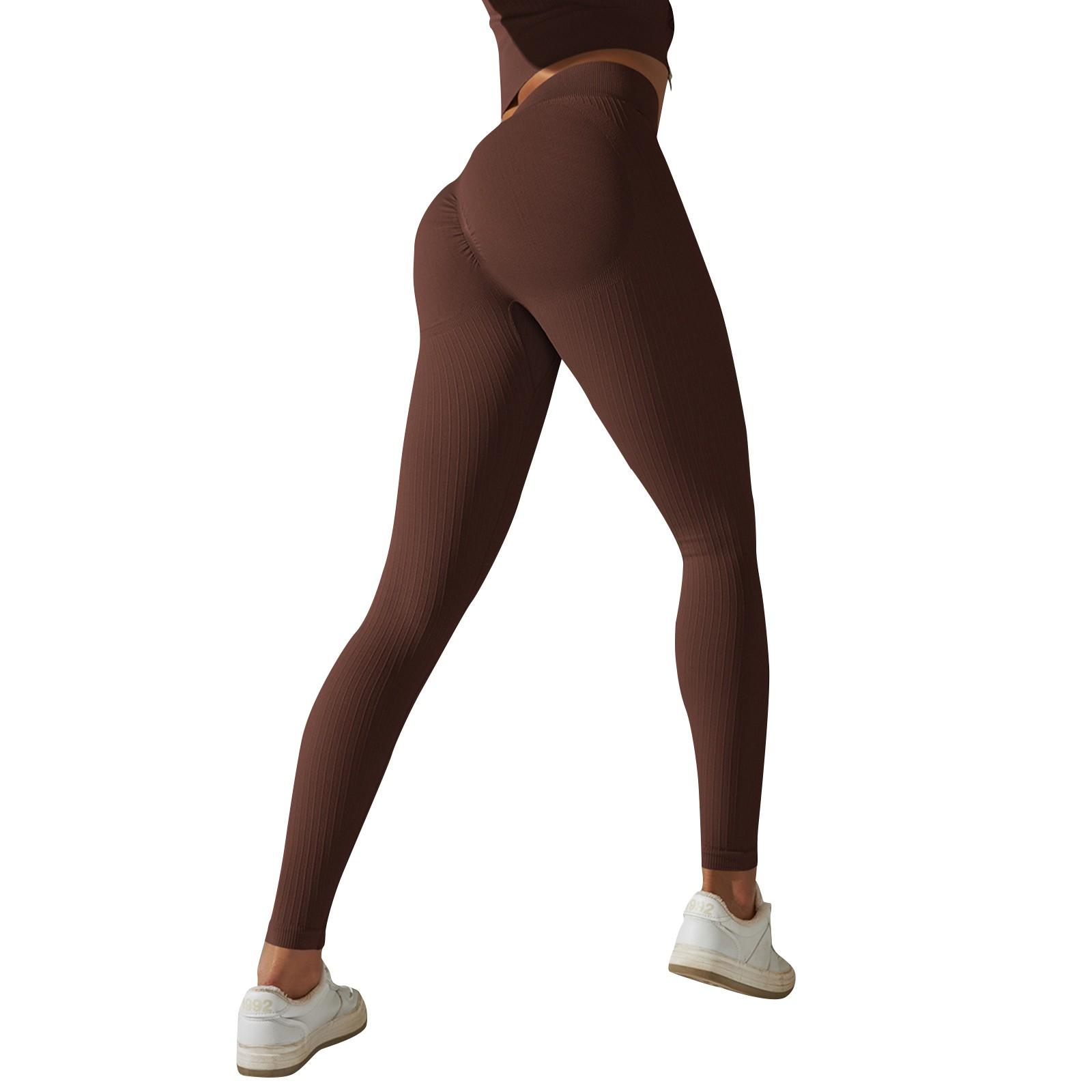 

Бесшовные вязаные однотонные ребристые узкие персиковые брюки для поднятия бедер, спортивные брюки для бега, фитнеса, йоги, девятиточечные брюки L коричневый