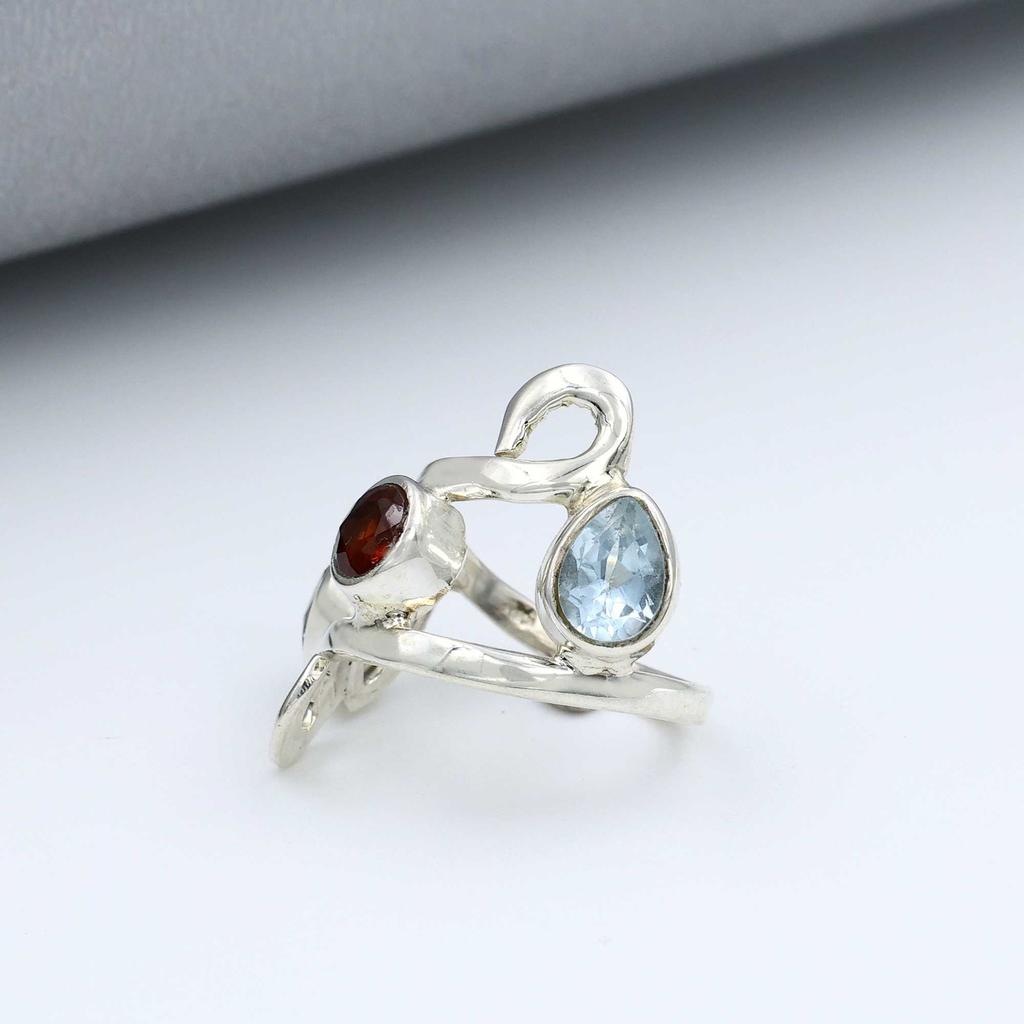 Solid 925 Sterling Silver Garnet Blue Topaz Handmade Ring, Statement Ring, Anniversary Gift, Silver Jewelry, Partywear Ring