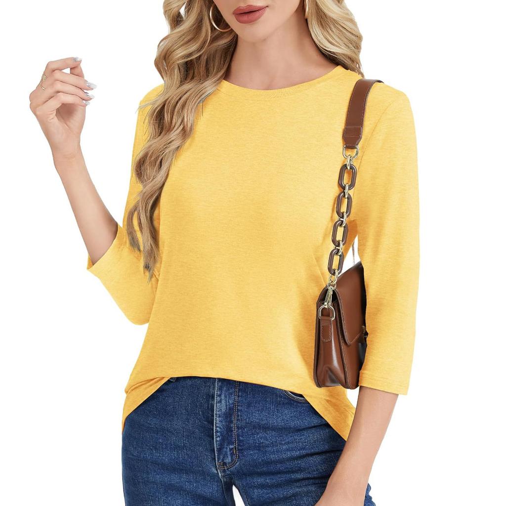 Women Casual Pullover T Shirt 3/4 Sleeve Crew Neck Lightweight Soft Fabric Relaxed Fit Top for Everyday Wear