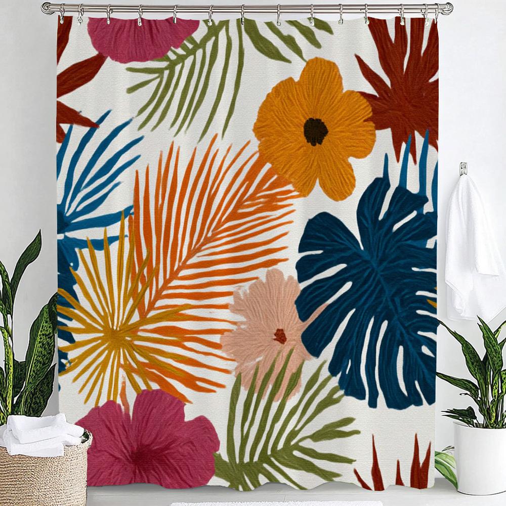 Leaves Print Shower Curtain,Tropical Plants and Leaves Bathroom Decoration Curtain Partition Privacy Hanging Curtain with Hooks