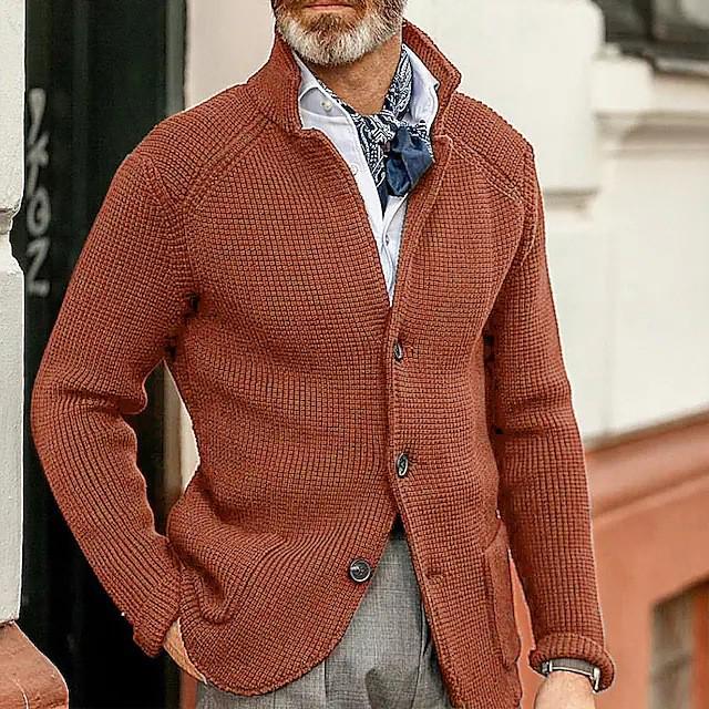 Men's Slim Fit Knitted Sweater - Solid Color, Turn-Down Collar, Long Sleeve, Trendy Brand for Fall/Winter
