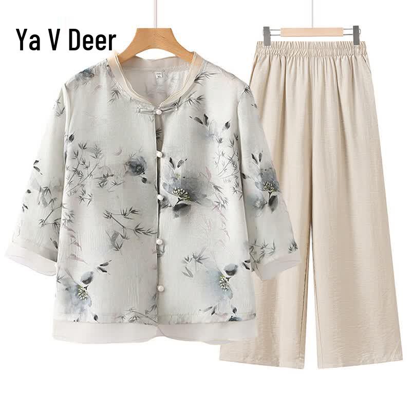Yalu New Chinese Style Floral Summer Top and Pants Set for Women 4XL