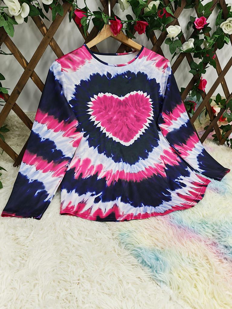 Women's Plus Size Heart Print Long Sleeve Top - Elegant Round Neck for Autumn/Winter