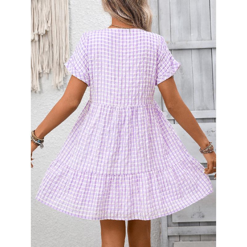 2026 Summer New Women's V-neck Loose Casual Short-sleeve Plaid Dress