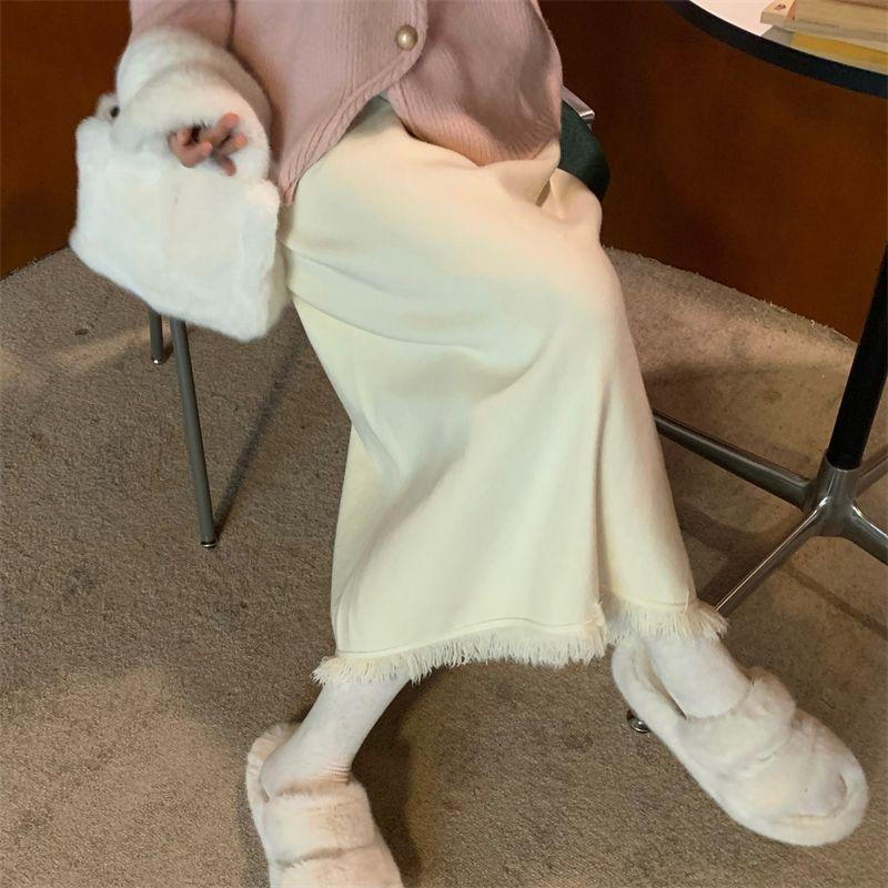Over-the-Knee Midi Women's Tassel Knitted Half Skirt High Waist Slim-Fit Straight Wool Warm Skirt To Match Sweaters